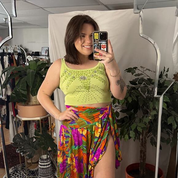 Y2K Cropped Sequined Tank Top Green - Picture 1 of 5